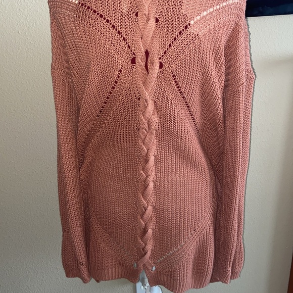 Dusty Rose Pink Long Chunky Cable Knit Cardigan Sweater Duster w/ Braided Detail - Picture 6 of 9